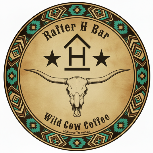 Rafter H Bar Wild Cow Coffee label